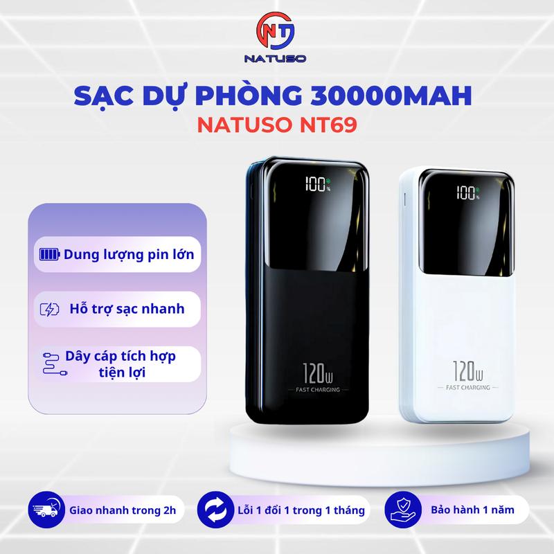  Sạc dự phòng 30000mah sạc nhanh 22,5W dung lượng pin lớn có sẵn dây cho điện thoại - NT69 