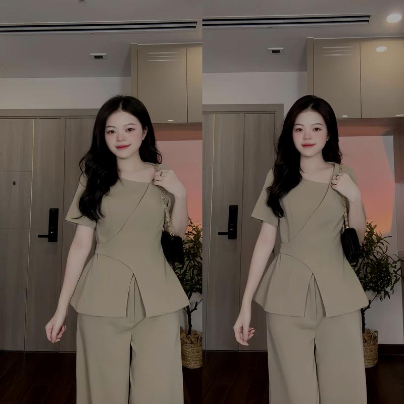 Set Bộ Thiết Kế Cúc Khuy Eo Chéo Cổ Quần Ống Suông Thanh Lịch Công Sở Màu Basic TTN067