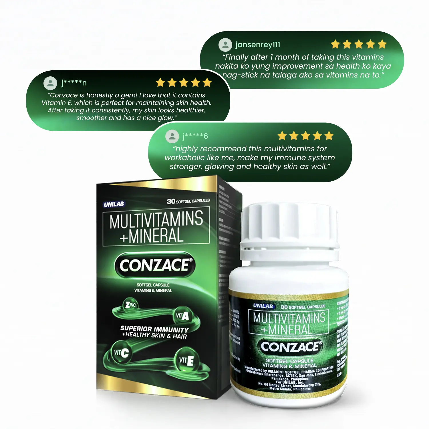glutathione and conzace Unilab Multivitamins 30s Bottle (For Strong Immunity + Healthy Skin & Hair) and antioxidant defenses with Glutathione; erythrocytes Mesotheropy size:5mg*10vials
