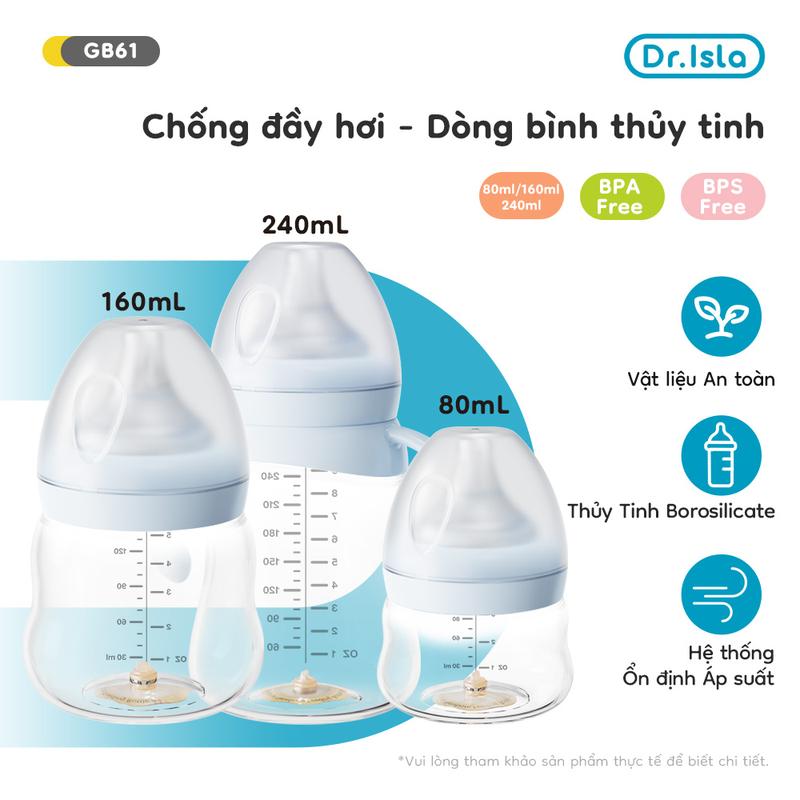  Dr.Isla GB61 | Chống Sặc Chống Đầy Hơi | Thủy Tinh Borosilicat Cổ Rộng Chịu Nhiệt | Bình Trữ Sữa 80ml 160ml 240ml | Hệ Thống Ổn Định Áp Suất | Cho Bé Cho Trẻ Sơ Sinh | Chính Hãng 