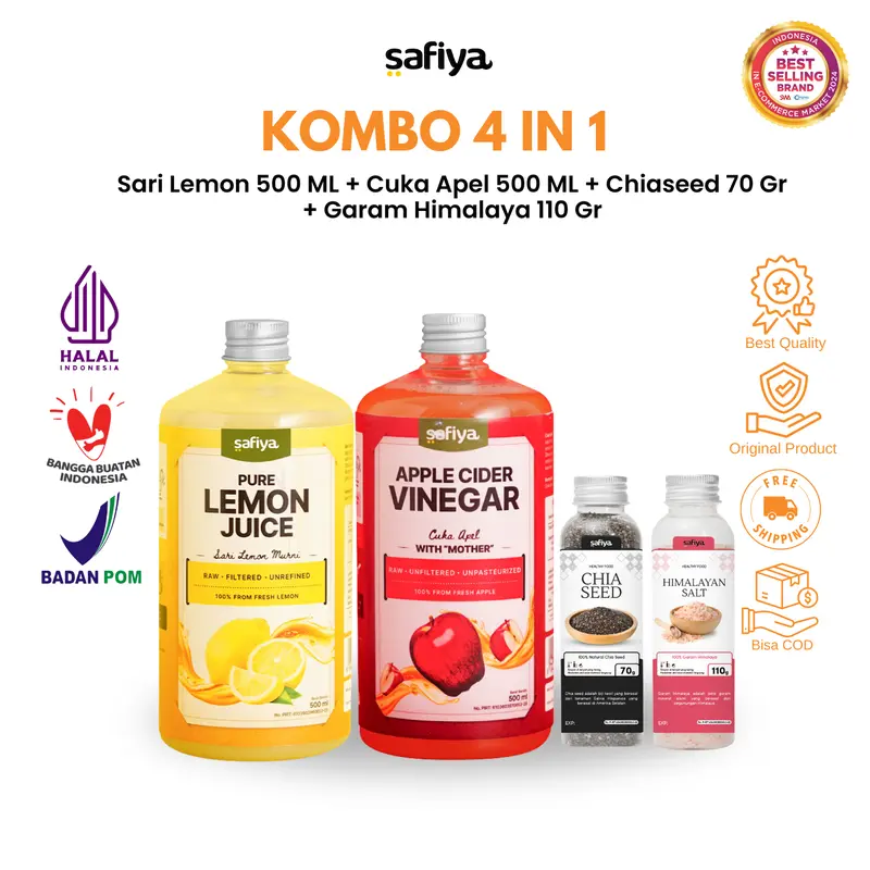 Safiya Paket 4in1 Cuka Apel 500 ml + Sari Lemon 500 ml + Chiaseed 70 Gr + Garam Himalaya 110 Gr 0