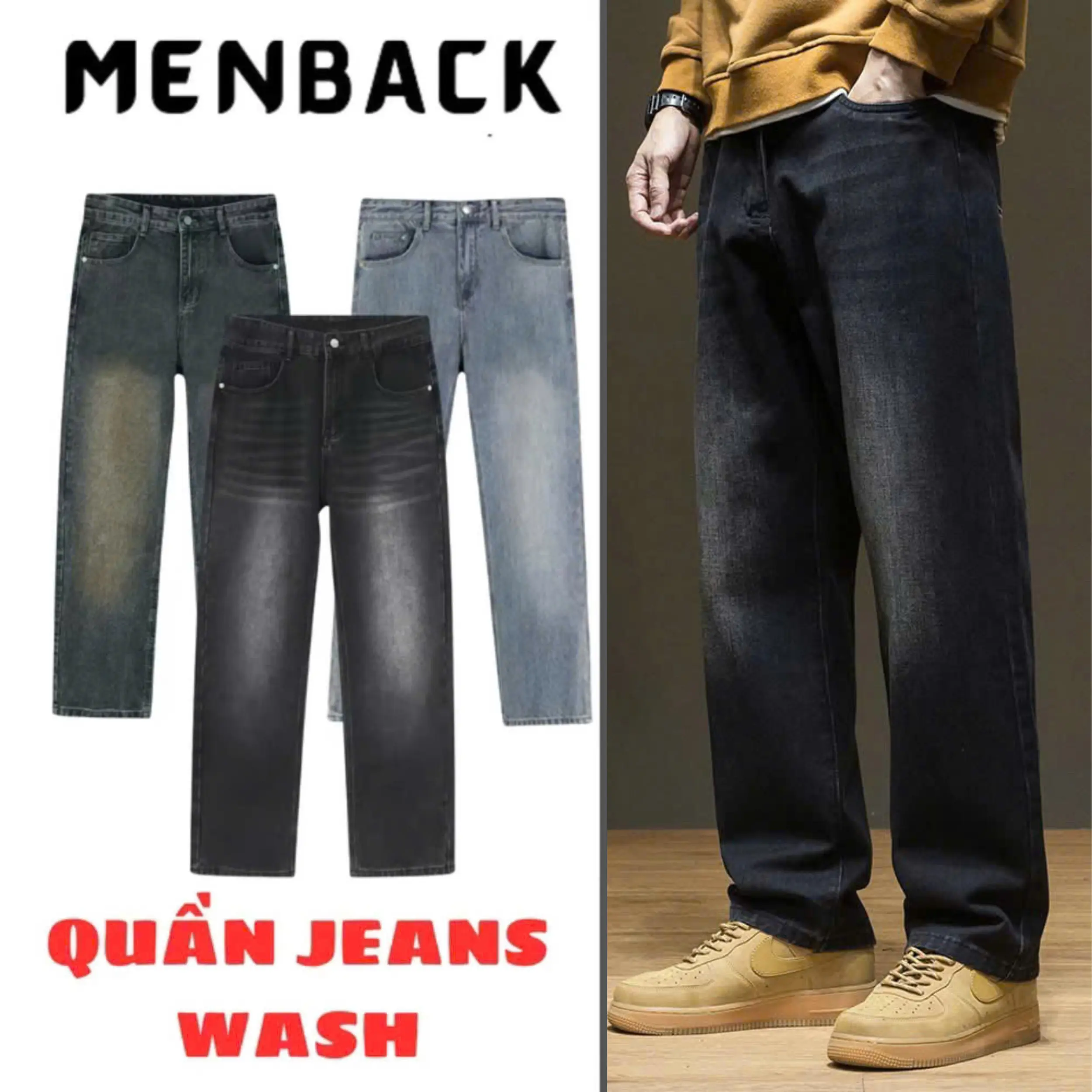 [ MENBACK ] - Quần jean nam wash phối Retro Chất vải jean denim mềm mịn, form baggy suông rộng rãi thoải mái Menswear Pants Có Túi