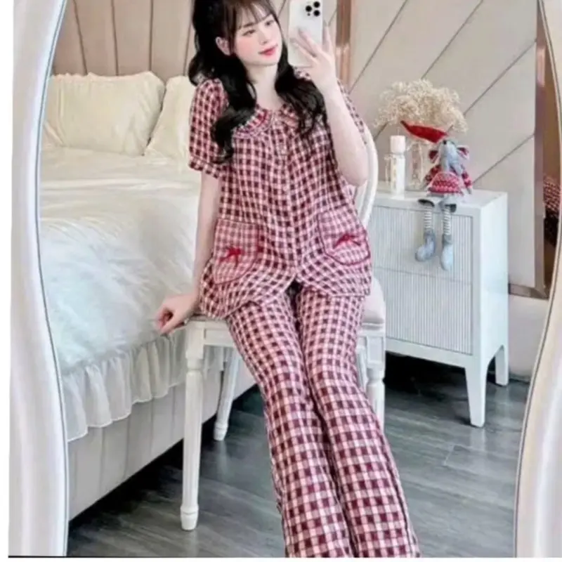 Đồ bộ -đồ ngủ 2 SIZE (40-65kg)chất ĐŨI NHUNG mềm mịn cổ tròn túi phối kẻ  KARO nhiều màu