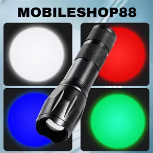 SENTER LED 4 WARNA (PUTIH BIRU MERAH HIJAU) ZOOM JARAK JAUH - BAHAN ALMUNIUM ALLOY - CHARGER USB