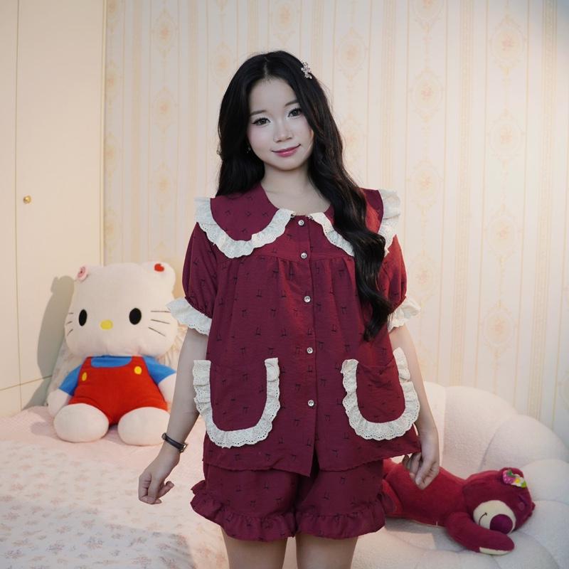 bộ ngủ cộc đùi nữ tiểu thư cổ tiểu thư vải đũi bông mây mùa hè mặc đi ngủ mát mẻ thoải mái Women Quần Ngủ Áo Ngủ Cotton