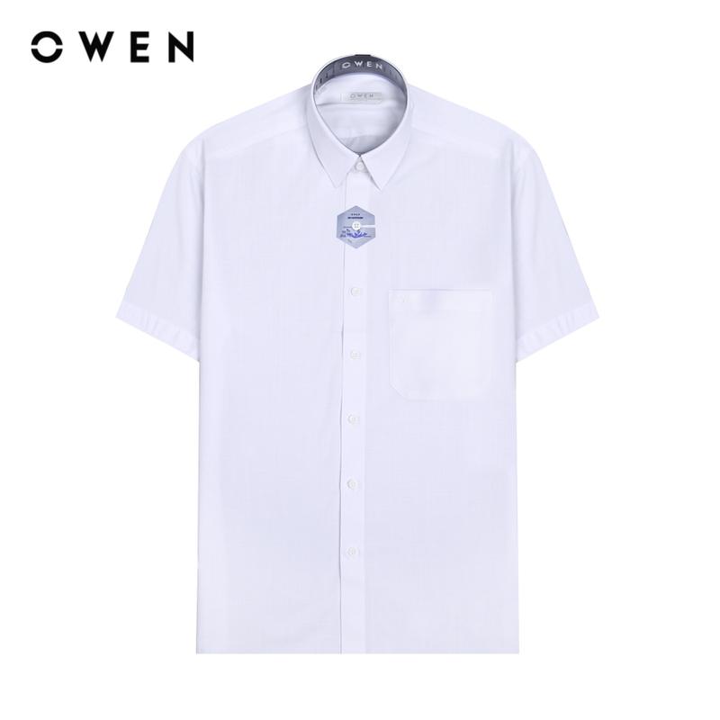 OWEN - Áo sơ mi Nam Ngắn tay Body Fit Có túi AB240319NT màu trắng chất liệu Polyspun spandex   Hoạ tiết Trơn Menswear