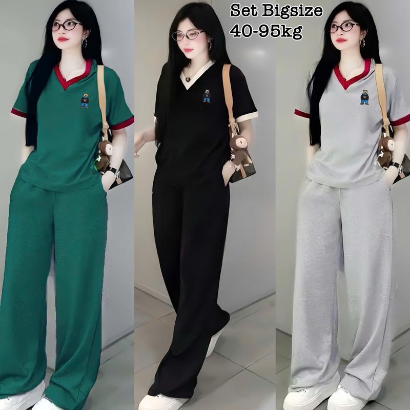 Thời Trang Bigsize - Set Bộ Dài Thun Tăm Bigsize Form Rộng Thêu Gấu Che Giấu Bụng Hot Hit cổ tim Nữ Chuppy Cao Cấp Xinh Đẹp Sang Trọng Dễ Thương Giá Rẻ 40-95kg Én Nhỏ Có Bigsize Nhung Đen Voi Kem 2463