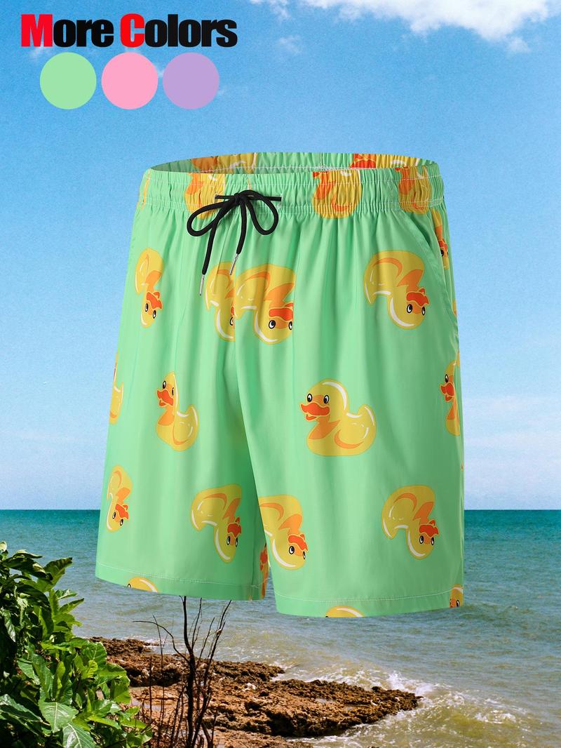 Product Introduction of Men's Cartoon Duck Print Beach Shorts, Casual Breathable Quick Drying Shorts for Summer, Men's Bottoms for Beach Vacation 7