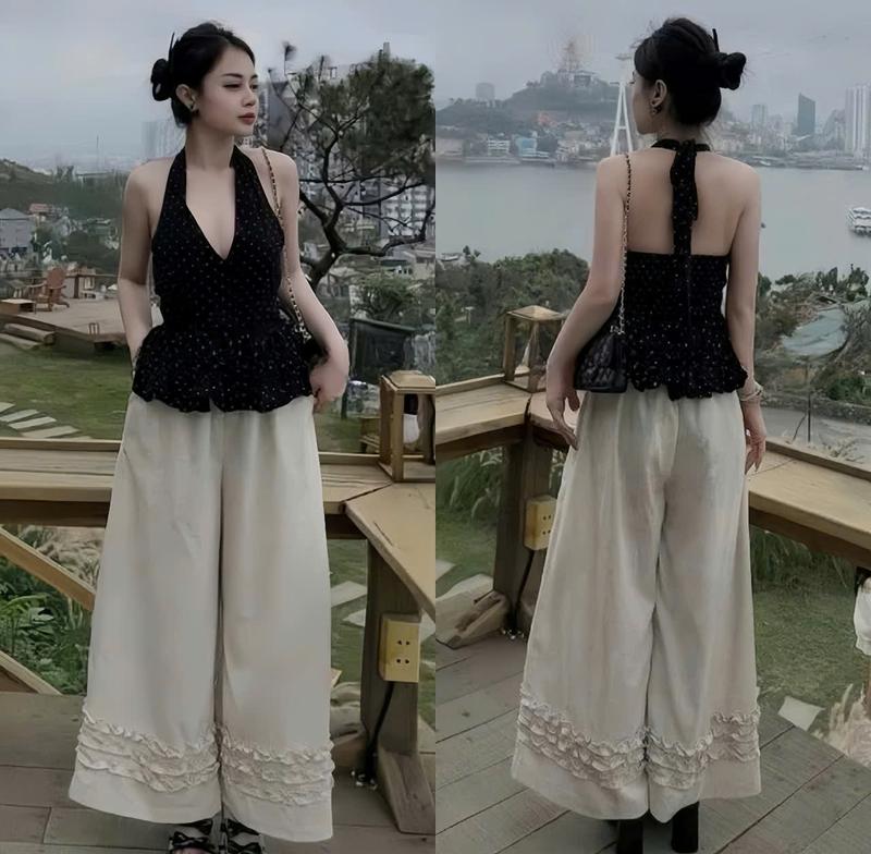 SET bộ nữ chất đũi áo cổ yếm chấm bi mocking sau mix quần dài ống rộng phối viền bèo trẻ trung sang chảnh xinh xắn cho các nàng đi tiệc đi chơi