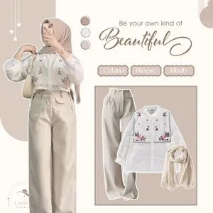Outfit Wanita Remaja Casual 3in1 (Blouse Katun Narika Bordir - Celana Kulot panjang - Jilbab) OOTD Setelan For Hangout Terbaru LO41N