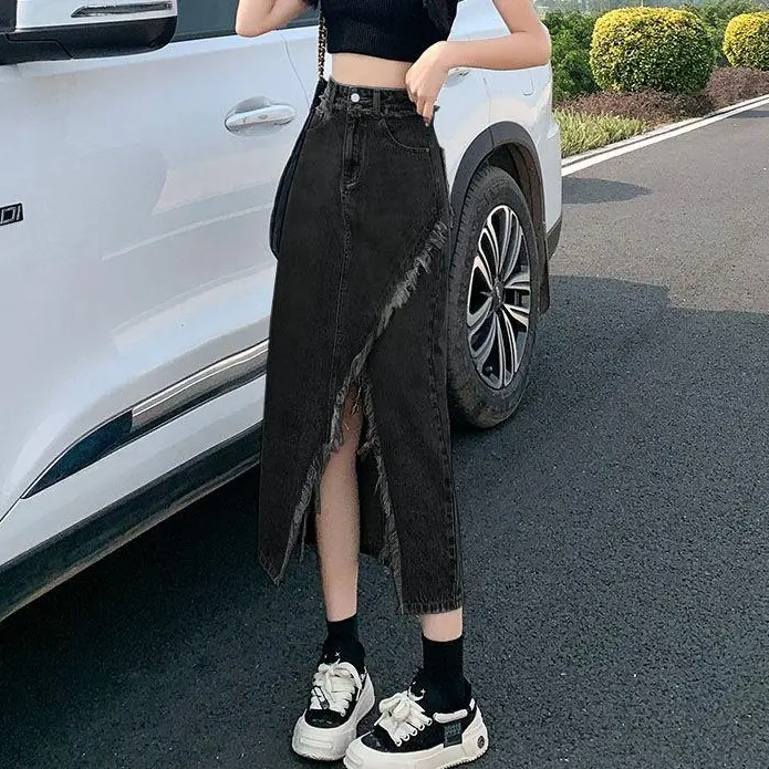 Chân Váy Denim, Cỡ Nhỏ Hàng Mới Về, Dành Cho Nữ, Dài Trung Bình Chữ A, Cạp Cao, Bó Sát, Chân Váy Midi Xẻ Tà, Thời Trang, Thích Hợp Cho Mùa Hè 2023 Women Khuy