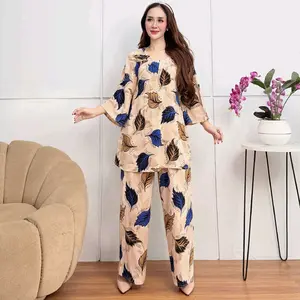 Baju Tidur Wanita Motif Daun Biru dan Coklat Nyaman untuk Tidur dan Santai