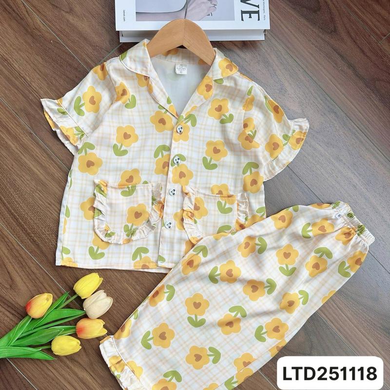 LTD251118 Bộ lụa pijama tay ngắn quần dài cho bé gái 12kg-42kg cài nút phối viền