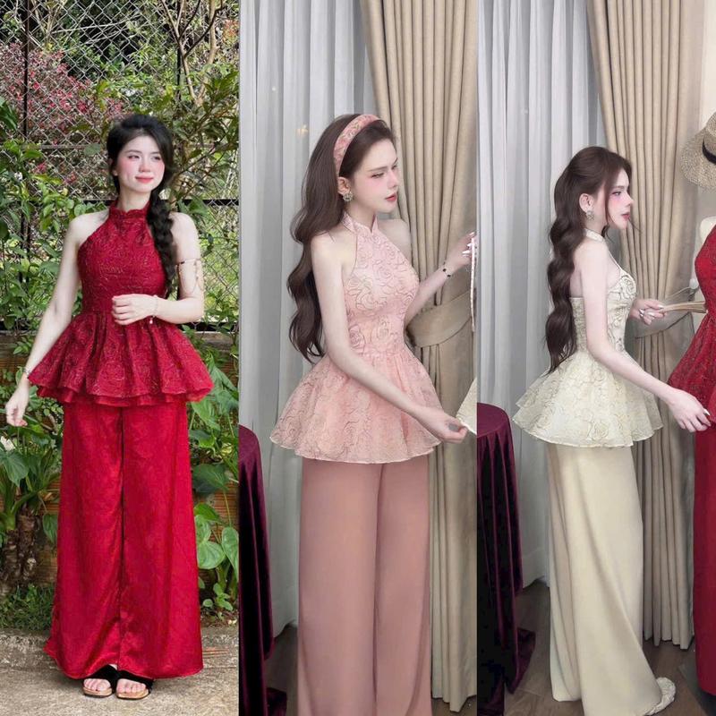  sét đồ nữ áo gấm cổ yếm kèm quần dài siêu xinh phù hợp mặc đi chơi chụp hình tết 