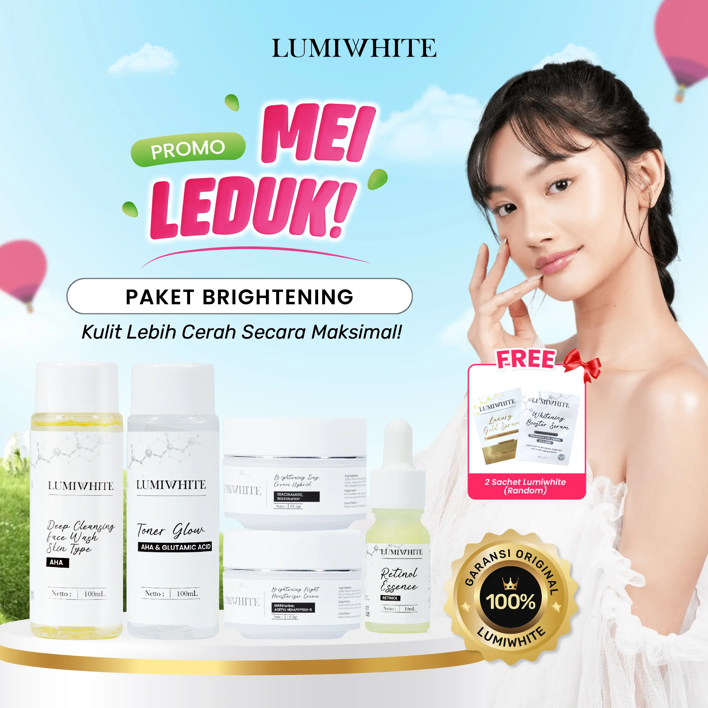 LUMIWHITE - Paket Brightening Lengkap - Toner-Facialwash-Serum-DayCream,NightCream (FREE 2 SACHET RANDOM)