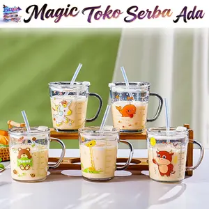 Magic Toko Serba Ada Gelas Minum Anak Anti Tumpah H421 Gelas Mug Bening Karakter Hewan Lucu Free Sedotan BPA Free Food Grade 400ml