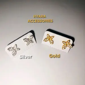 Anting tusuk titanium motif kupu-kupu gold dan silver permata anti karat dan anti luntur cantik dan elegan