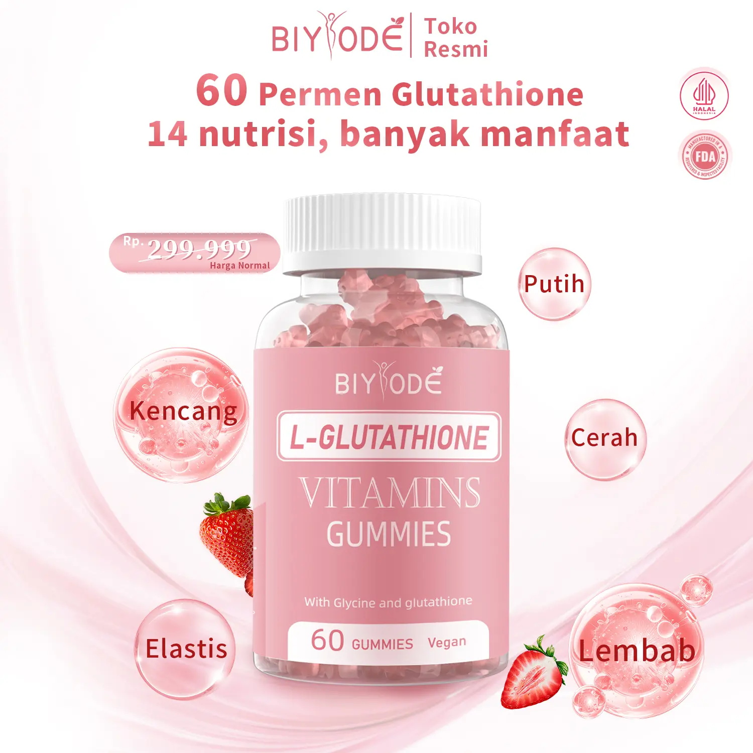 BOYIDE】【HALAL】【 FDA】 Permen Gummy L-Glutathione & Vitamin C 60 pcs -  Mencerahkan Kulit Alami, Anti-Polaan, Halal & FDA, Rasa Stroberi Segar -  Memutihkan - Shop