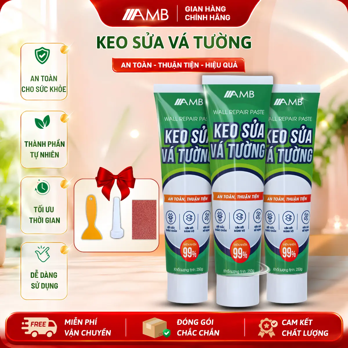 AMB Keo Vá Tường Chống Thấm 250gr - Trám Trét Vết Nứt Chống Mốc Ẩm Làm Sạch Tường HÀNG CHÍNH HÃNG Dễ Sử Dụng Nhanh Khô An Toàn