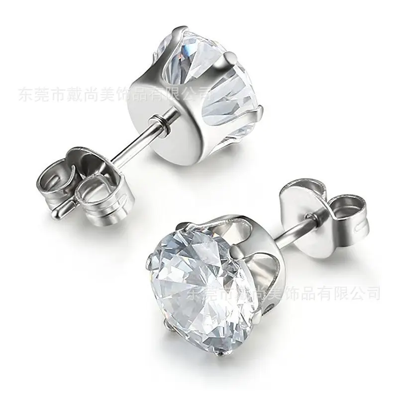 Stainless steel zircon earrings Crown six claw stone set Ear bone nails Male and female butterfly buckle Small earrings