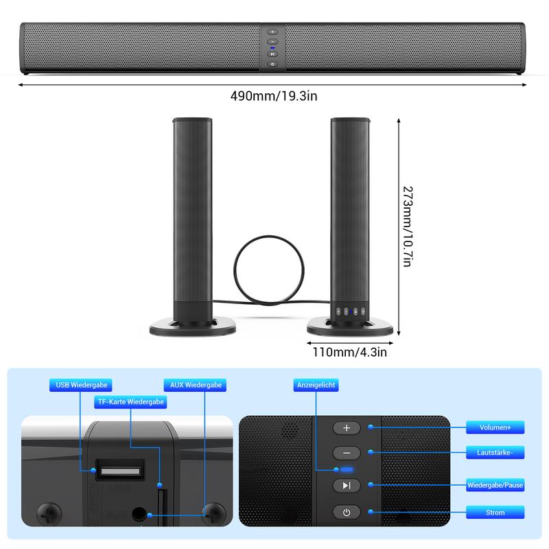 Small Bluetooth Sound Bar for TV, PC Speakers Soundbar 20W, Computer Soundbar for Monitor with USB, TF, FM, TWS, RCA & AUX Playback, 2000mAH Battery, Detachable 6