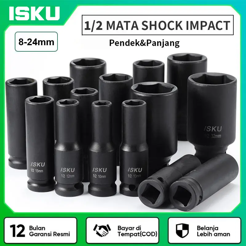 ISKU Mata Kunci Shock Impact 24mm 1/2 Impact Mata Shock 8-24mm Baja Molybdenum Anti Karat JIS Standar Jepang