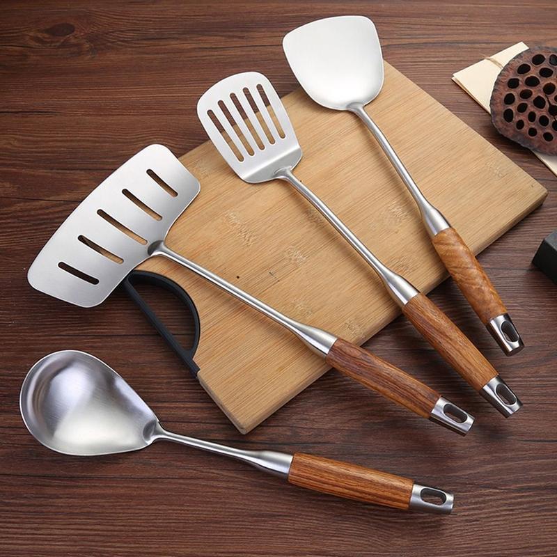 Cookware 304 Staniless Steel Kitchen Utensils Long Wooden Handle Spatula Spoon Cooking Equpment Frying Shovel Thickened Cooking Tool Sets 7