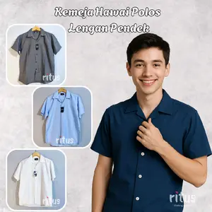Ritus - Baju Kemeja Hawai Polos Basic Lengan Pendek Korean Style Slimfit Bahan Standar Katun Casual Pria Dewasa Putih Hitam Distro Nyaman