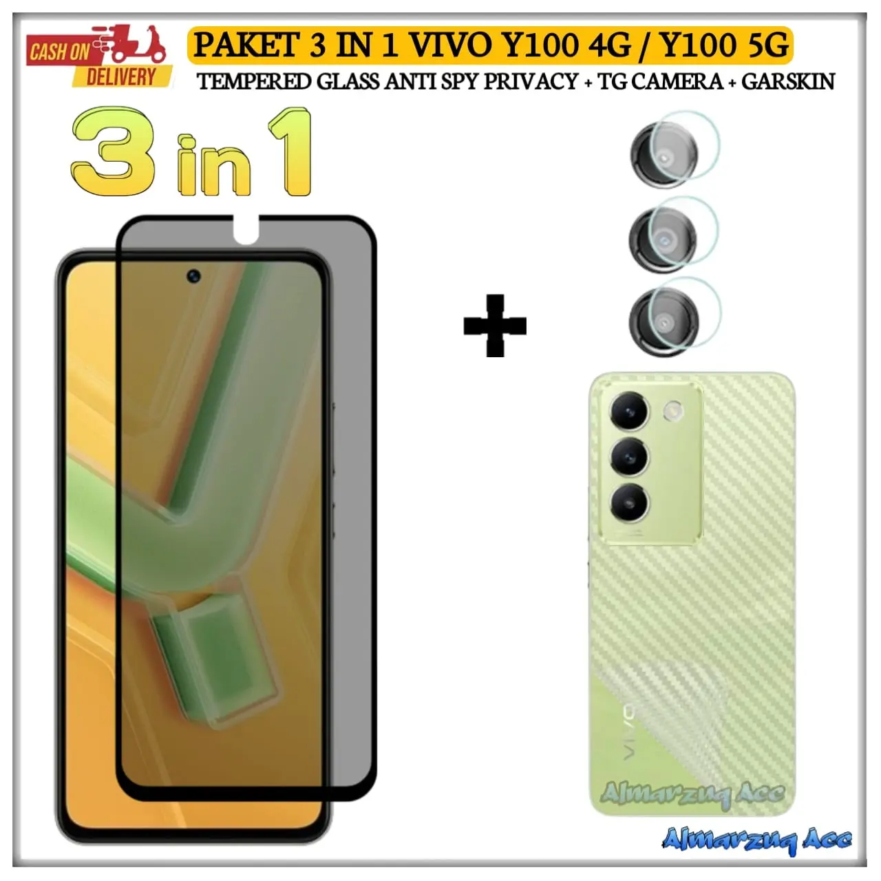 Paket 3 in 1 Tempered Glass Untuk Vivo Y100 4G Y100 5G Anti Gores Kaca Full Layar AntiGores Camera Garskin