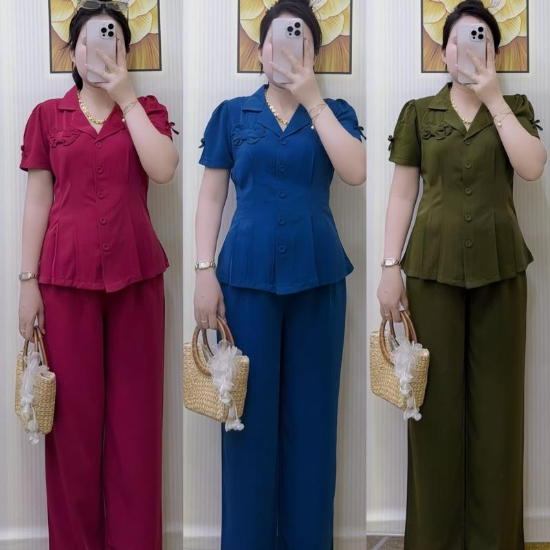 [Quần dài- Ống suông] Set bộ quần dài áo cổ vest đính nơ chất vải mango nhẹ mát