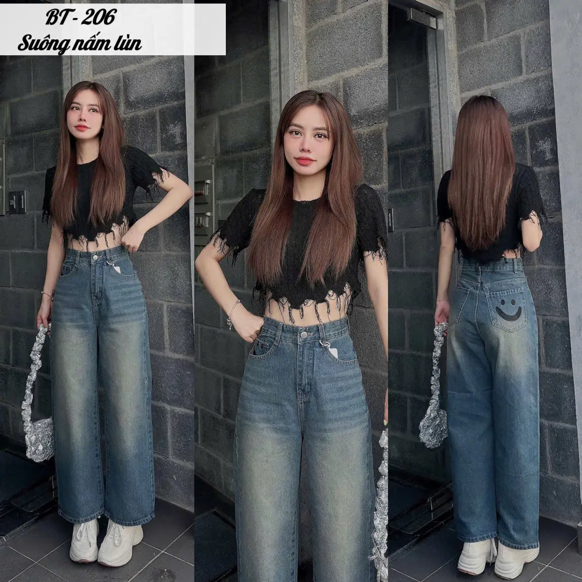 ( QUẦN SUÔNG NẤM LÙN ) QUẦN JEAN SUÔNG NỮ LƯNG CAO THÊU MẶT CƯỜI NGỘ NGHĨNH , CHẤT JEAN DÀY MỀM MS 206
