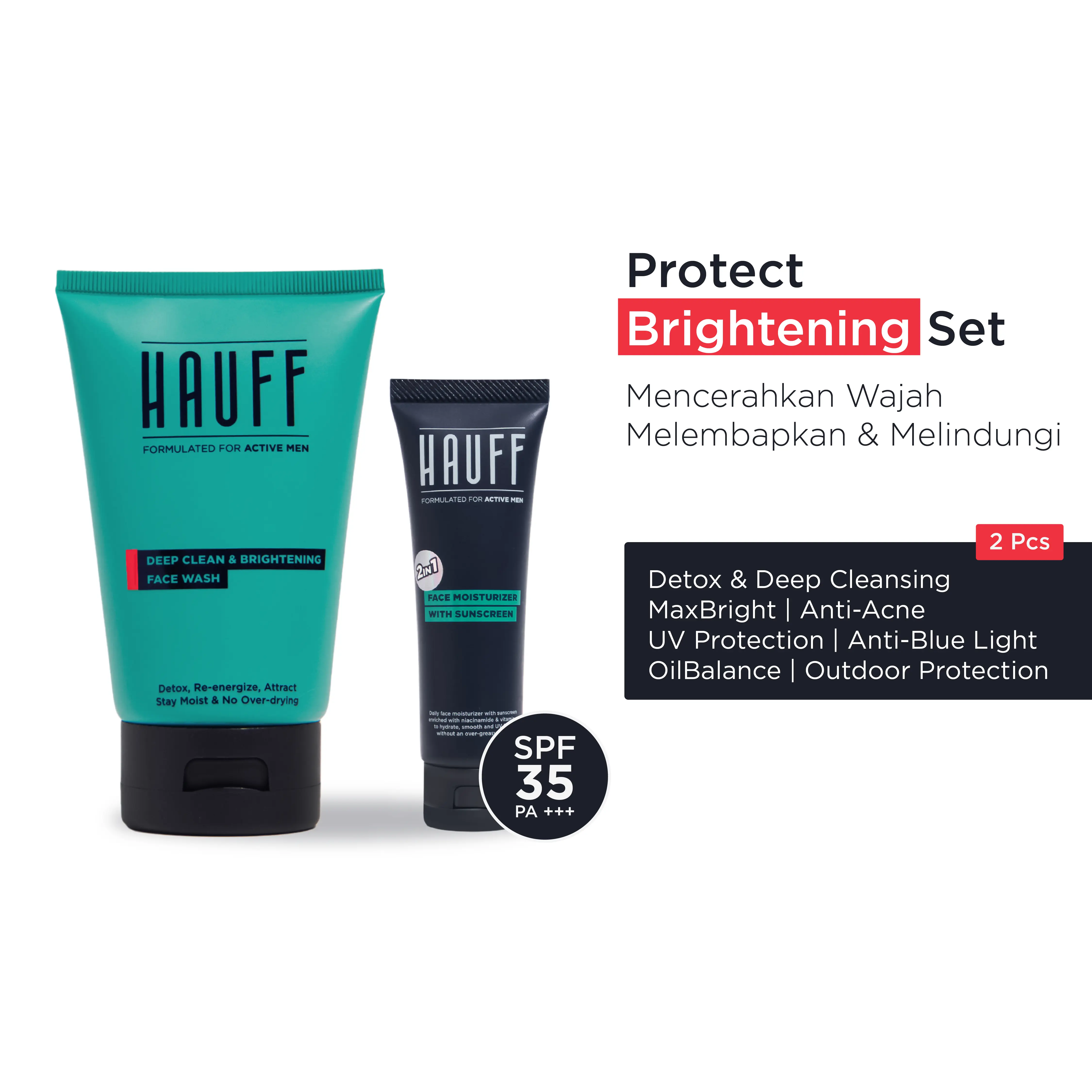 HAUFF PROTECT BRIGHTENING SET | Paket Skincare Pria | Mencerahkan Wajah Kusam | Menghilangkan Komedo | Detox & Deep Cleansing | Charcoal, Niacinamide, Succinic Acid, Artemisia Capillaris Extract | Moisturizer Sunscreen | SPF 35 PA +++