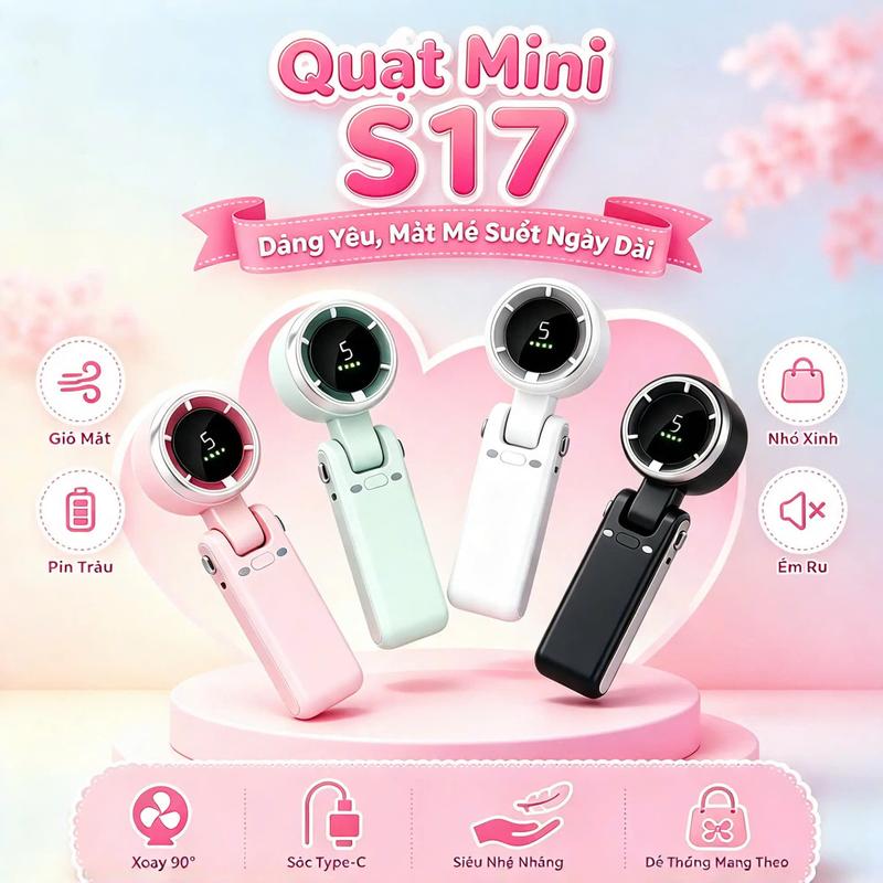 S-17 Quạt Cầm Tay Gấp, Quạt turbo tăng áp cầm tay, Điều chỉnh 5 tốc độ, Có thể gập xoay 180 độ, Màn hình kỹ thuật số