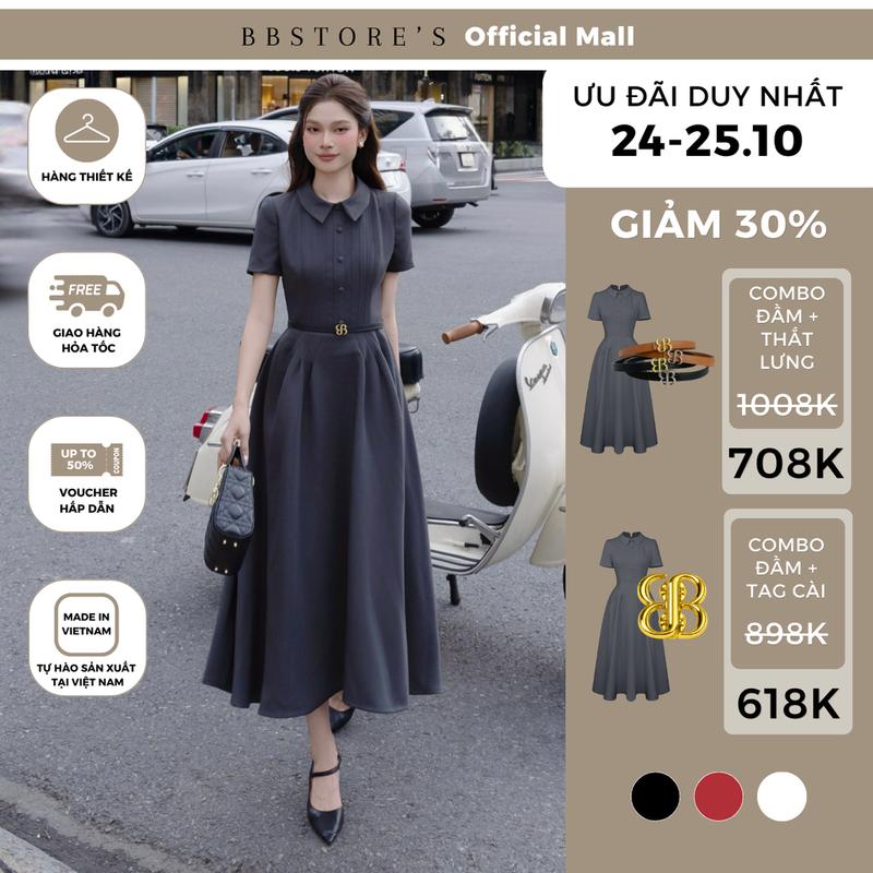 BBSTORE'S Đầm Công Sở Nữ Form Xòe Dài Cổ Sơ Mi Tay Ngắn Chất Carolan Xược Sang Trọng Sang Chảnh - D4558B
