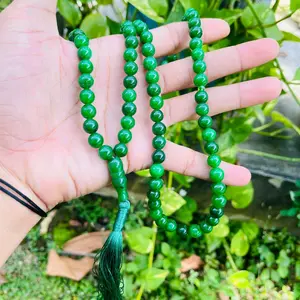 Kalung Tasbih Batu Giok Aceh Pria & Wanita Hijau Alami Original Bersertifikat Bio Energy Kesehatan Fengshui Isi 99 Butir premium hight quality Penarik Rezeki Bahan tali Hitam karet elastis super kuat & Batu Mulia Gelang