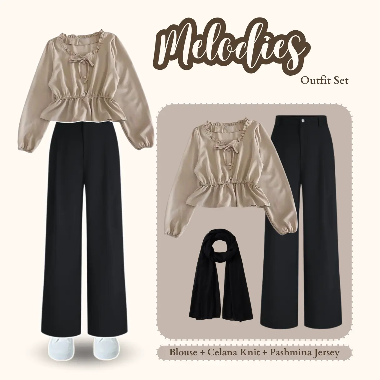 WFD-Melodies | One Set Korean Style (Blouse, Celana Kulot Hitam) Setelan Blouse dan Celana Kulot | Blouse Korean Style | Setelan Ngantor | Set Baju Kuliah Casual