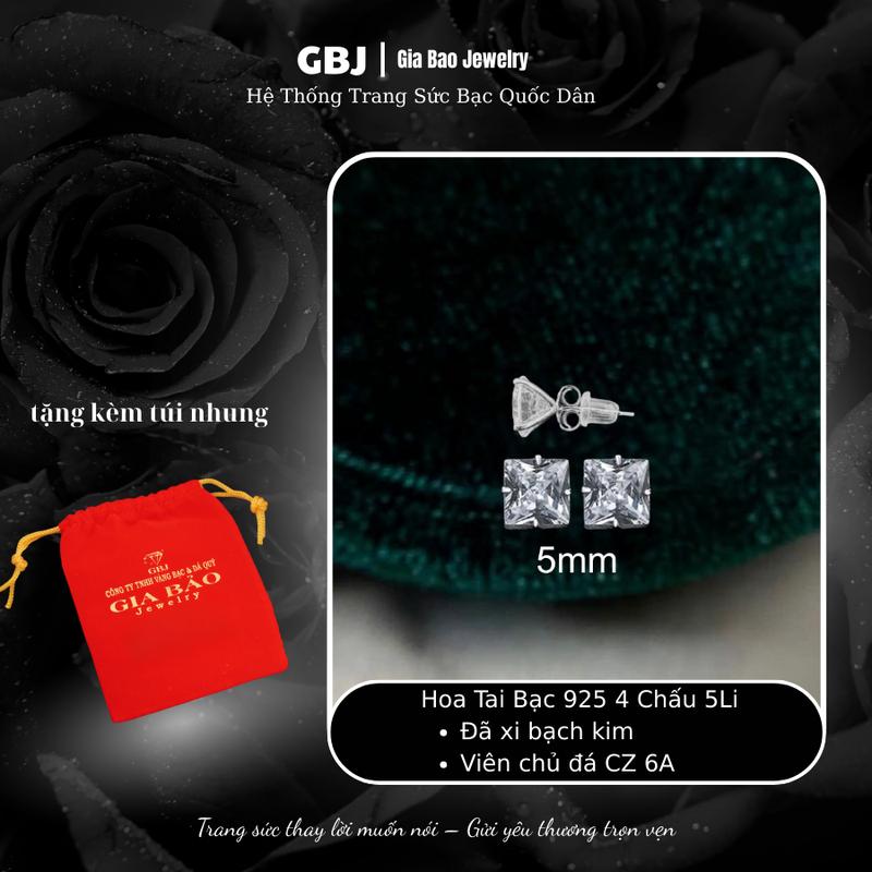 [1 ĐÔI] Hoa Tai Bạc Vuông 5Li (5mm) (chốt đẩy) XI KIM Đơn Giản Phong Cách Unisex GBJ445