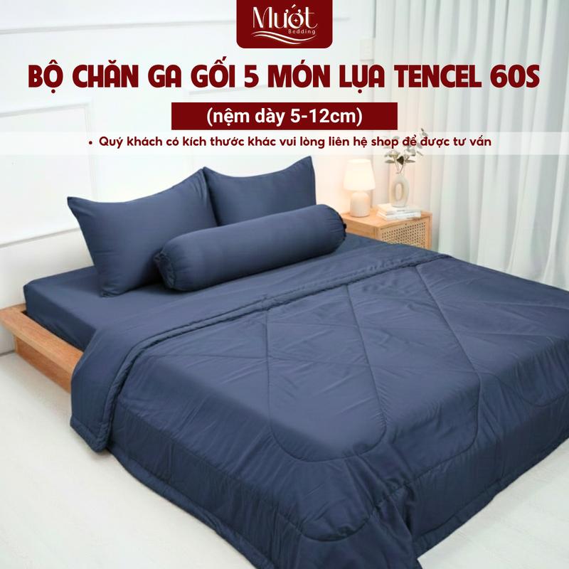  Bộ Chăn Ga Gối Lụa Tencel 60s Trơn Màu - Mướt Bedding Bộ 5 Món Kèm Chăn Chần Cao Cấp Độ Dày 5-12cm 