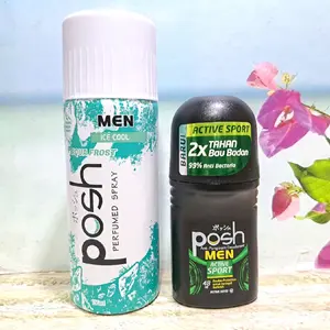 Promo paket hemat isi 2 pcs] Posh Men ice Cool AQua frost perfumed spray 150ml + Anti perspirant active sport 50ml.pewangi wewangian badan ketiak original Deodorant