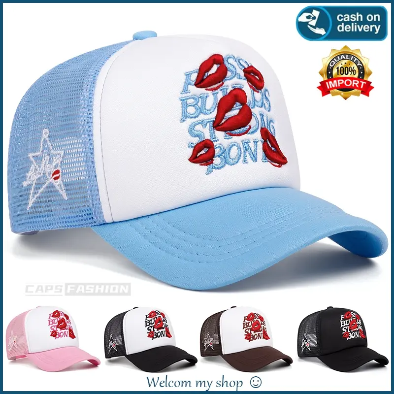 Topi Jaring Trucker Hat Caps Kalcer Biru Pink Red Lips Cowok cewek - Topi Baseball Fashion Topi Snapback - Topi Viral Y2k Skena Outfit Anak STM SMA SMP Unisex Topi Jaring Murah Pria Wanita Kalcer dewasa