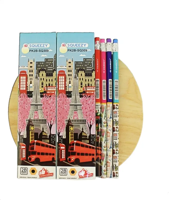 Pensil 2B dengan penghapus Merk Squeezy PK2B-SQ309 Karakter Paris London isi 12 pcs / Box 4