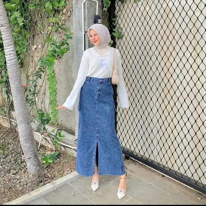 Rok Jeans Cargo Belah Depan Korean Style Melar Variasi Kantong Samping - Wanita Panjang 3