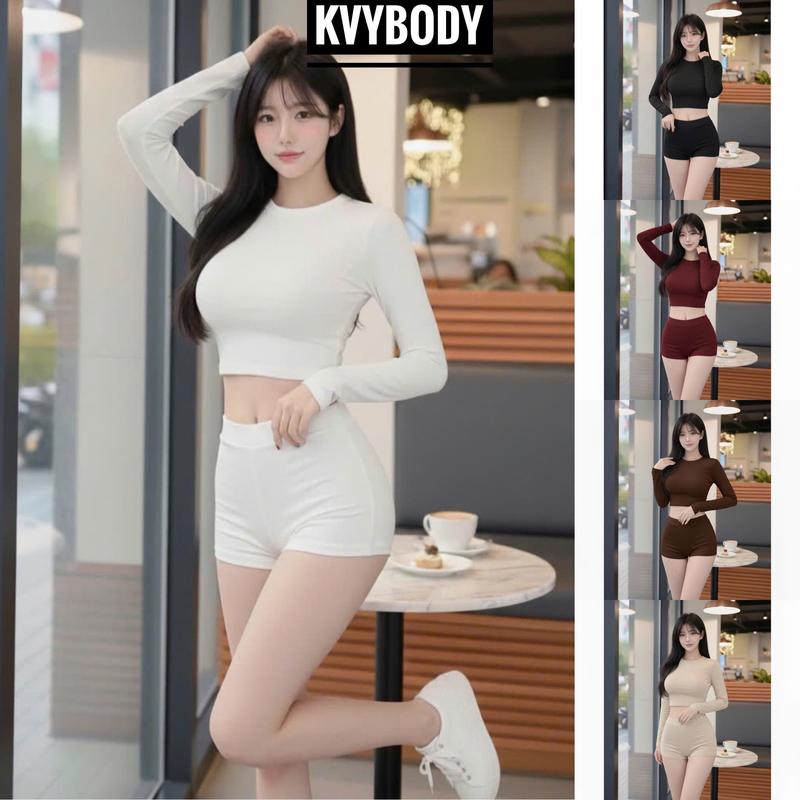 Set áo croptop cổ tròn tay dài kèm quần đùi KVYBODY S43 chất thun cotton borip lụa dày mịn co giãn