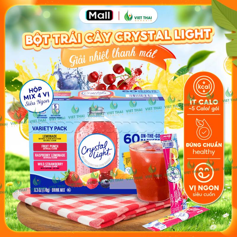 Bột Trái Cây Crystal Light Mix 4 Vị Không Đường Hộp 178G - Bột Pha Nước Uống Giải Nhiệt Eatclean (Việt Thái Organic)