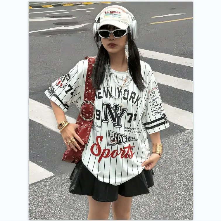 Áo Thun Thường Ngày Cho Nữ, Cổ Thuyền ngắn Tay, Họa Tiết Sọc Và In Chữ, Áo Thun Họa Tiết Áo Nữ Women Top 3