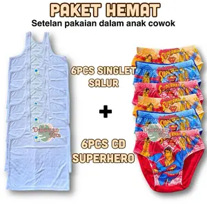 PAKET MURAH 6pcs singlet salur + 6pcs CD superhero | setelan pakaian dalam anak cowok laki laki katun murah Fashion