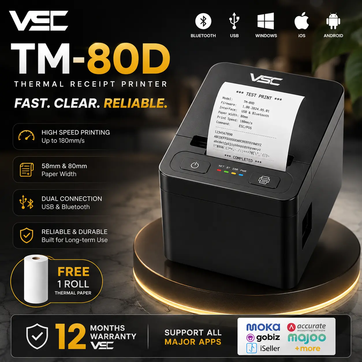 VSC TM-80D Printer Thermal 80mm Bluetooth USB RJ11 Kasir Android iOS