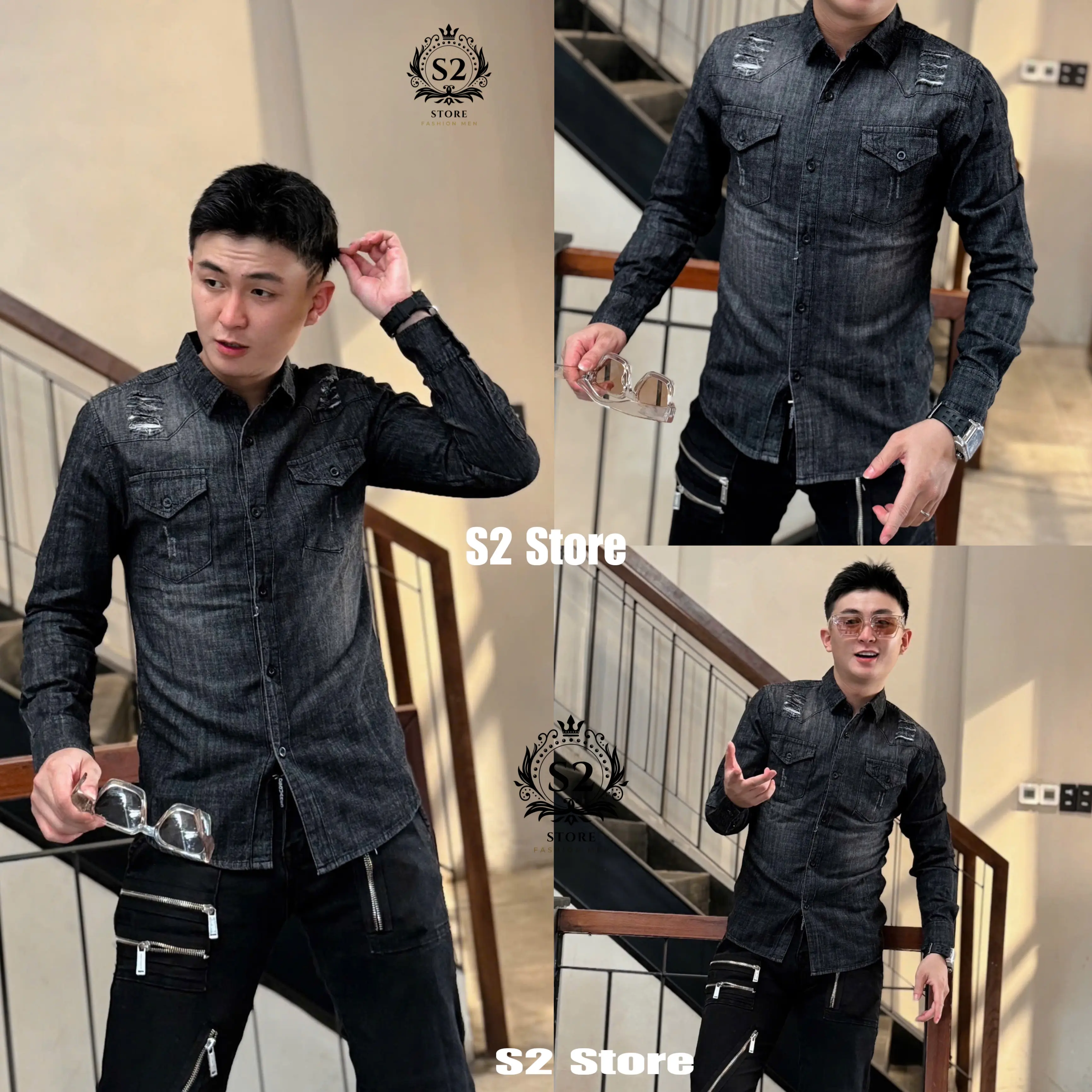 Áo Sơ Mi Jeans Denim Cao Cấp Nam Menswear Có Cổ Cổ Tròn Có Túi - Kem Nhung