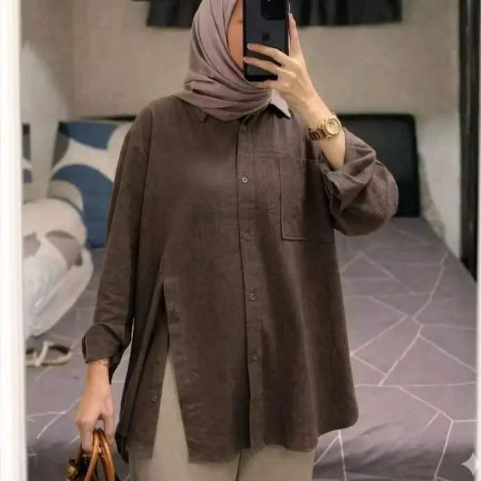 Kemeja Wanita rayon twill alliyah blouse Berwarna Coklat dengan Lengan Panjang dan Kantong Depan size s m l xl xxl xxxl