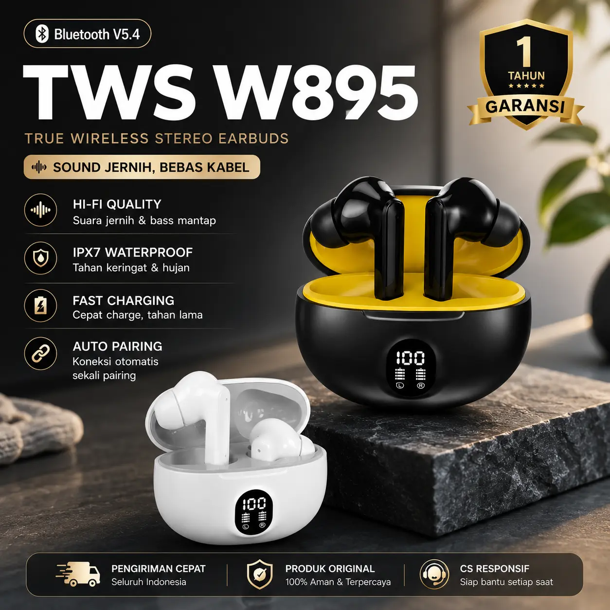 NEBULA-W895 Headset TWS Earphone Bluetooth 5.4 Suara Dolby Hi-Fi HD Voice Tahan Lama Wireless Sport Bluetooth Earbuds with Box